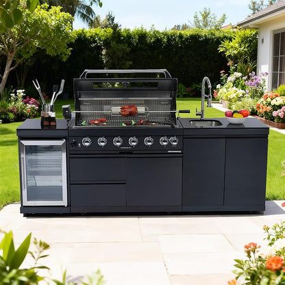 95" Modular Outdoor Kitchen Island with Grill, 6-Burner 85,000 BTU Propane BBQ Island, Refrigerator, Integrated Sink & Prep Station, for Backyard and Patio Cooking, Black