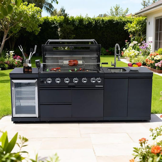 104" Modular Outdoor Kitchen Island With Grill And Side Burner, 4-burner 72,000 Btu Propane Bbq Island, Refrigerator, Separate Sink & Prep Station, For Backyard NG-Black 85000BTU/95 Inch