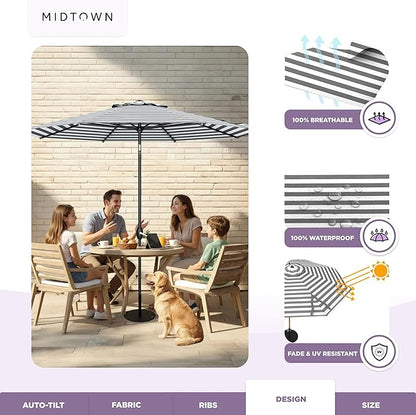 MIDTOWN UMBRELLAS The Lean 9 Feet Outdoor Umbrella With Terylast Matter Stripes (Grey/White Stripes) Polyester Fabric - Auto-Tilt Aluminum Frame Patio Umbrella For Deck, Garden, Pool - Black Pole