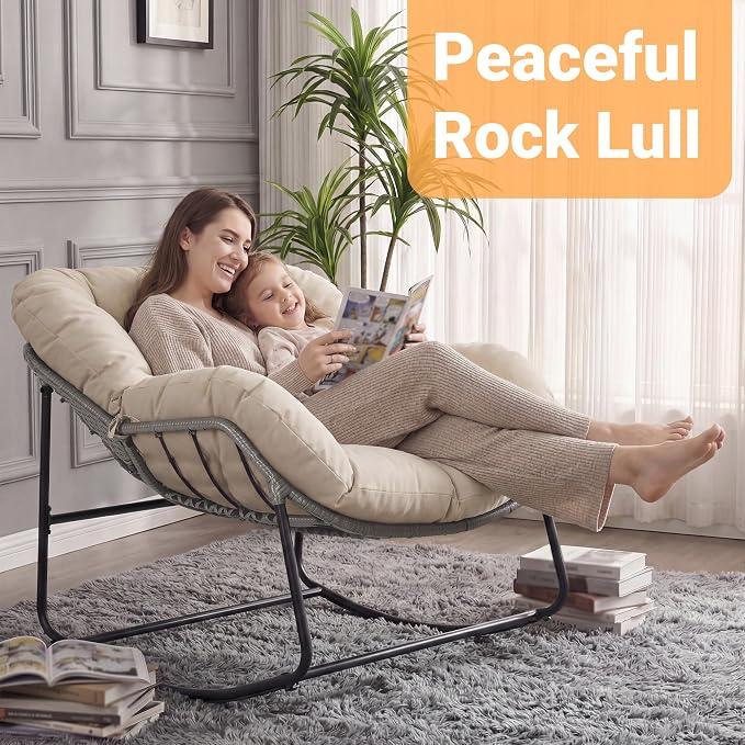Bifanuo Oversized Egg Rocking Chair for Indoor/Outdoor – All-Weather Wicker Rattan Lounge Chair with Cushion, Patio Rocker for Porch, Garden, or Balcony (Classic Beige)