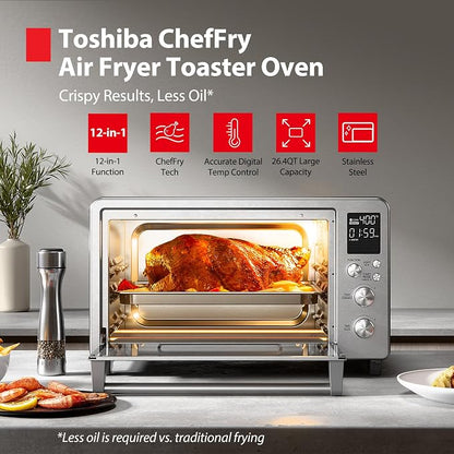 TOSHIBA ChefFry Air Fryer Toaster Oven Combo, 26.4-Quart, Stainless Steel | Bake, Broil, Pizza & Dehydrate, with Toast