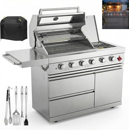 46" Outdoor BBQ Island Grill, 75,300 BTU 4 Burners + Side Burner, Infrared Rear Burner, LP/NG Convertible, Granite Top, Rotisserie, BBQ Tools, Cover Stainless Steel Outdoor Kitchen Island