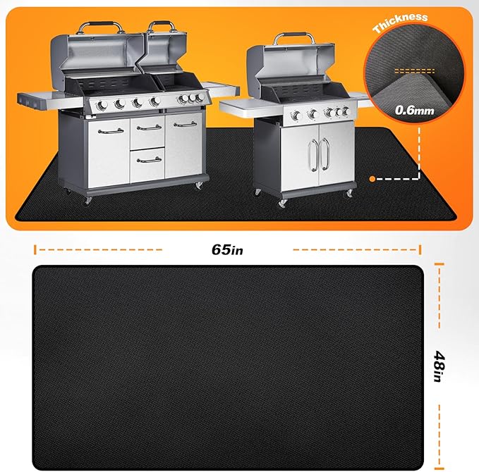 65" x 48" Grill Mats for Outdoor Grill, 2000°F Fireproof Under Grill Mat, Double-Sided Silicone Grill Pads for Deck Protector, Waterproof Oil-Proof BBQ Grill Matt for Fire Pit, Black