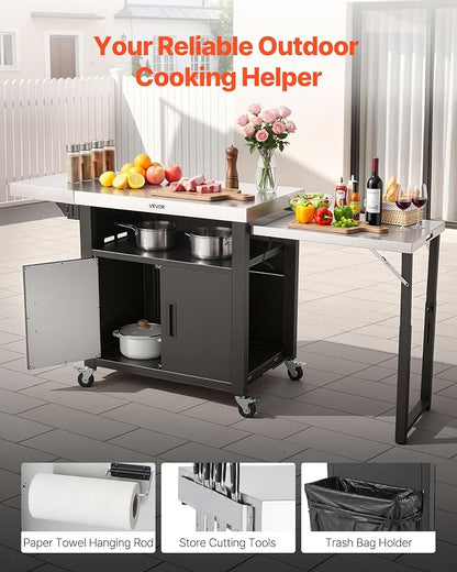 VEVOR Outdoor Grill Cart with Storage Cabinet, 74.8 Inch Grill Table, Waterproof Kitchen Island with Stainless Steel Top, Pull-Out Plate, Wheels, Movable Food Prep Station for Patio Bar Backyard BBQ