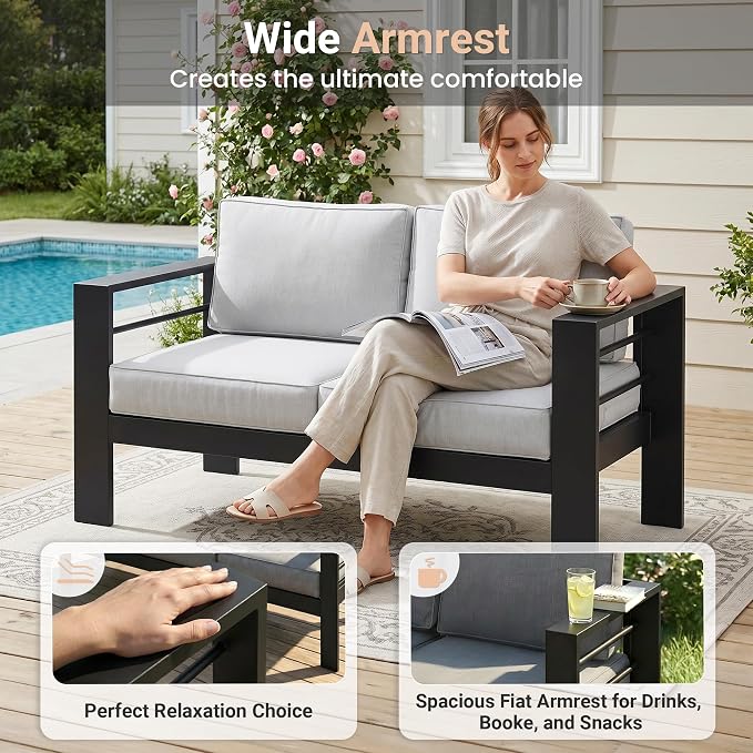 Solaste 7-Seaters Aluminum Outdoor Patio Furniture Set, Patio Sectional with 5" Thick Cushion, Outdoor Furniture with Coffee Table, Patio Sofa for Porch, Backyard, Deck, Yard, Light Grey
