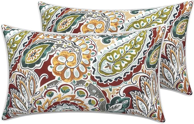LVTXIII 2 Pack Outdoor Lumbar Pillow Covers 12x20 Inch with Piping, Water-Repellent Back Cushion Covers ONLY for Patio Furniture, Sofa, Garden Bench, Vibrant Paisley
