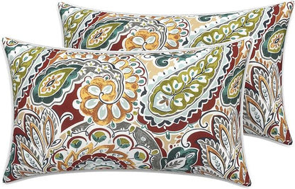 LVTXIII 2 Pack Outdoor Lumbar Pillow Covers 12x20 Inch with Piping, Water-Repellent Back Cushion Covers ONLY for Patio Furniture, Sofa, Garden Bench, Vibrant Paisley