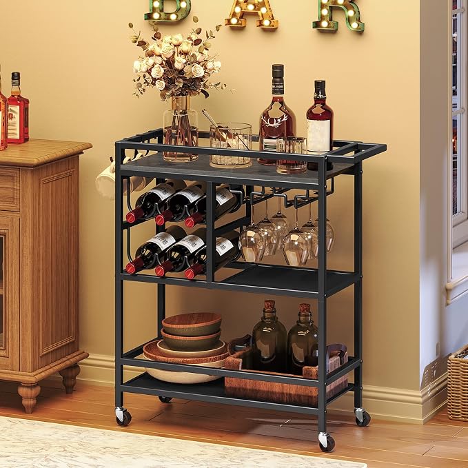 MAHANCRIS Bar Cart for Home, 3-Tier Serving Cart with Wheels and Handle, Beverage Cart with Wine Rack and Glass Holders, Rolling Wine Cart for Kitchen, Dining Room, Charcoal Gray and Black RCHT6101