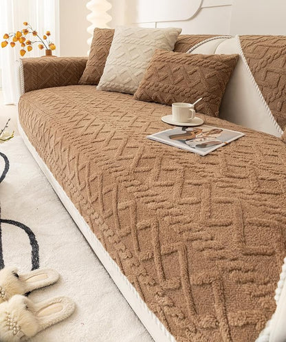 vctops Geometric Jacquard Plush Sofa Couch Covers Farmhouse Neutral Non Slip Sectional Couch Cover Soft Warm Sofa Slipcover for Dogs, Children, Pets Furniture Protector (Coffee,28"x82")