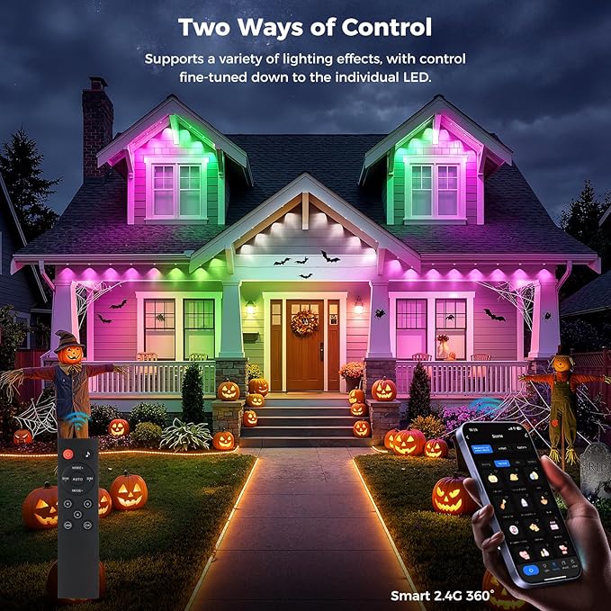 CDN House's Permanent Outdoor Lights, 100FT RGB+IC Outdoor Decor, 111 Scene Modes, 60 LED Lights with Smart APP & Remote Control, IP65 Waterproof, String Lights for Christmas Decorations