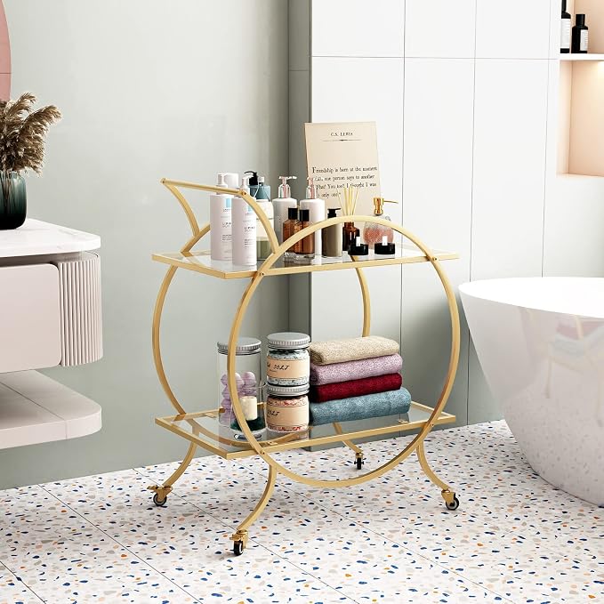 Gold Bar Carts for The Home Bar Serving Cart, Rolling Bar Cart Gold with Lockable Caster Wheels, Glass Bar Carts with 2 Mirrored Shelves, Storage Round Wine Carts for Kitchen, Party