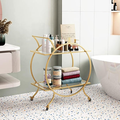 Gold Bar Carts for The Home Bar Serving Cart, Rolling Bar Cart Gold with Lockable Caster Wheels, Glass Bar Carts with 2 Mirrored Shelves, Storage Round Wine Carts for Kitchen, Party