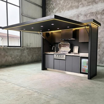 Prefab Outdoor Kitchen Kits, Modular Outdoor Kitchen Pod with Roof Storage Cabinet Burners Sink, Backyard Patio Outdoor BBQ Kitchen Island Cooking Station