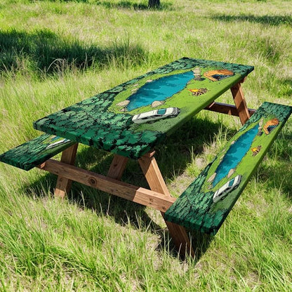Picnic Table Cover with Bench Covers Elastic Edges, Green Forest Camping Scene Table Cover, Waterproof Windproof Fitted, for Outdoor Camping Patio Garden RV Trips, Drawstring Bag, 60 Inch 3PCS