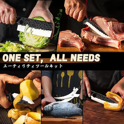 Golden Bird Japanese Chef Knife Set with Roll Bag, Hand Forged Butcher Knife Set for Meat Cutting, Outdoor BBQ Knives for Men, Christmas Gifts for Men Women