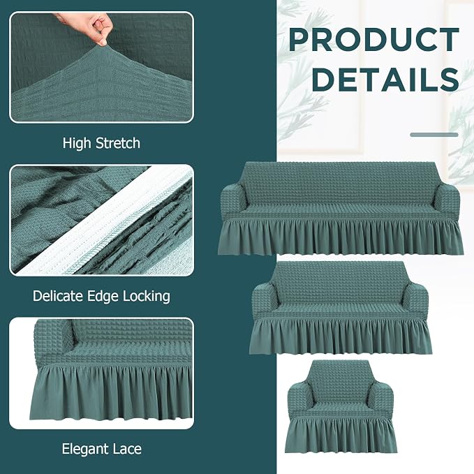Fanfanwin 3 Pcs Sofa Slipcover Set for Couch Cushion Durable Washable High Elastic Stretchable Furniture Couch Covers with Skirt for Sofa Loveseat Arm Chair (Sage,Seersucker)