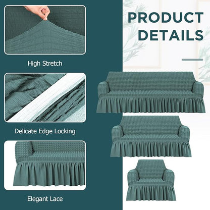 Fanfanwin 3 Pcs Sofa Slipcover Set for Couch Cushion Durable Washable High Elastic Stretchable Furniture Couch Covers with Skirt for Sofa Loveseat Arm Chair (Sage,Seersucker)