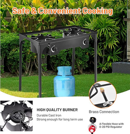 Giantex Outdoor Double Burner Stove, High Pressure 2 Burner Stand Max. 150,000 BTU total, 0-20 PSI Regulator Detachable Legs, Portable Dual Propane Grill Burner Stove for Camping Picnic Cookout