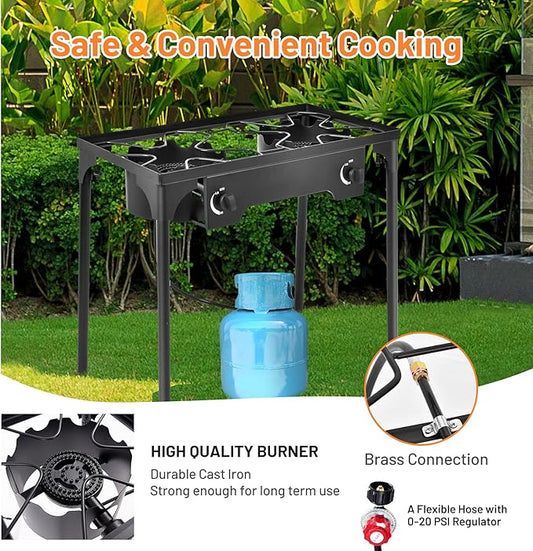 Giantex Outdoor Double Burner Stove, High Pressure 2 Burner Stand Max. 150,000 BTU total, 0-20 PSI Regulator Detachable Legs, Portable Dual Propane Grill Burner Stove for Camping Picnic Cookout