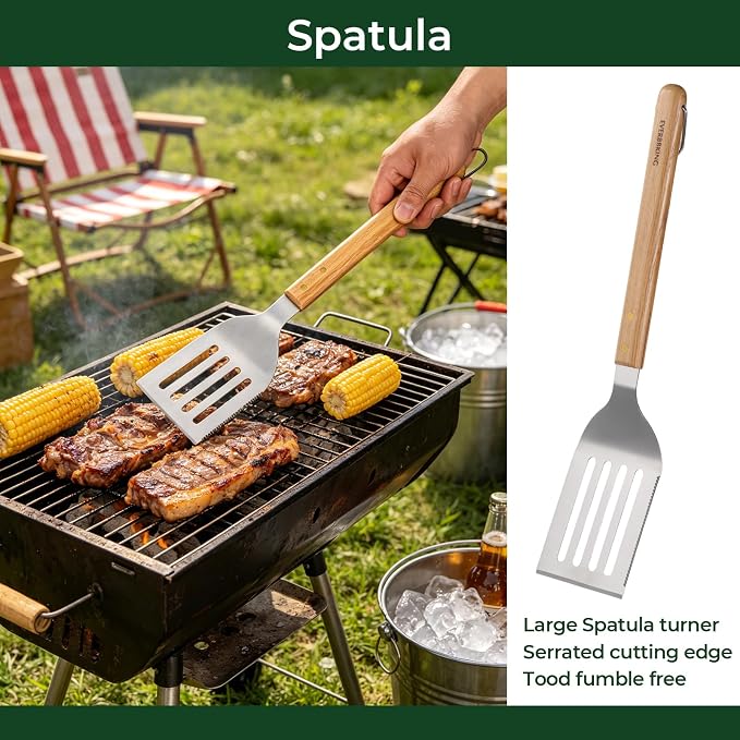 3Pc Wooden BBQ Tool Set, Heavy Duty Spatula, Fork & Tongs | Includes a versatile spatula, heavy-duty fork, and locking tongs for professional barbecuing