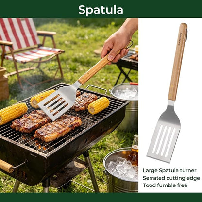 3Pc Wooden BBQ Tool Set, Heavy Duty Spatula, Fork & Tongs | Includes a versatile spatula, heavy-duty fork, and locking tongs for professional barbecuing