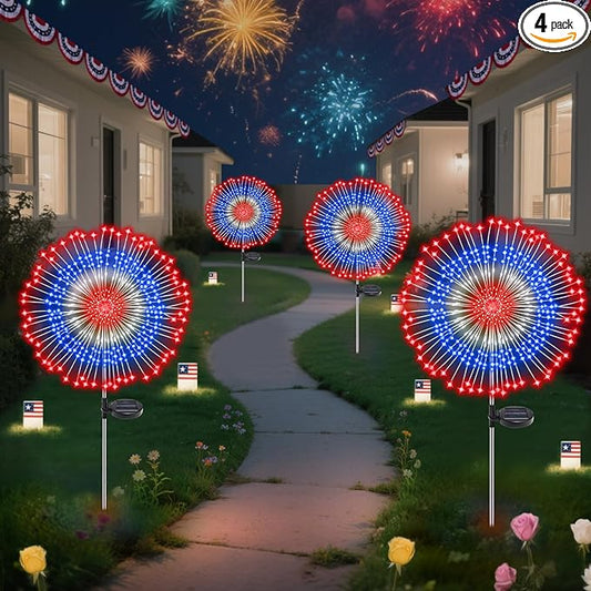 4th of July Decorations Solar Fireworks Lights, 4 Pack 180LED Red White Blue Lights with 8 Modes, Waterproof Solar Garden Light Outdoor for Memorial Day, Fourth of July, Patriotic Decorations