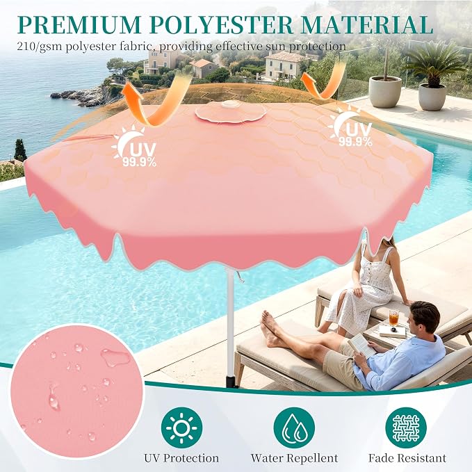 AreShark 7.5FT Outdoor Patio Umbrella with Wavy Trim (Peach Pink) | Market Table Umbrellas w/ 6 Sturdy Ribs, Crank & Tilt, White Pole, Pool Umbrella with UV-Fade Resistant Fabric, Heavy Frame