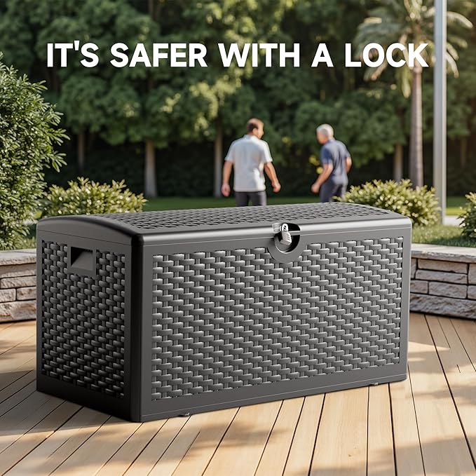 80 Gallon Deck Box, Lockable & Waterproof Resin, UV Resistant Storage Box for Patio, Garden, Pool, Black