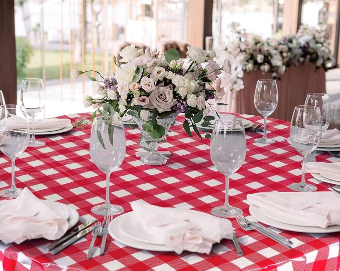 Disposable Checkered Tablecloth Round Plastic Buffalo Plaid Table Cloth 84'' Gingham Tablecover for Picnic Camping BBQ Graduation Party(Red and White,3 Pieces)