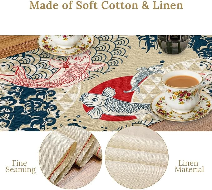 Koi Fish Table Runner Asian Chinese Japanese Wave Red Sun Seasonal Summer Holiday Dinner Runner for Farmhouse Kitchen Dinner Table Party Decoration 13x120in