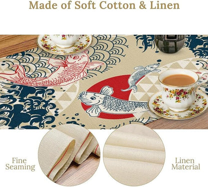 Koi Fish Table Runner Asian Chinese Japanese Wave Red Sun Seasonal Summer Holiday Dinner Runner for Farmhouse Kitchen Dinner Table Party Decoration 13x120in