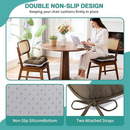 BETU Chair Cushions for Dining Chairs Set of 6,3.5" Thick Kitchen Table Chair Pads with Ties,Non Slip Backing and Covers, Seat Cushion for Dining Room,Bar,Patio Chairs,15.5"X15.5"X3.5",Brown