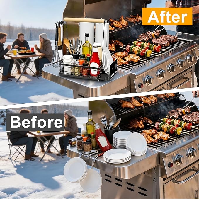 Grill Caddy, BBQ for Outdoor Grill with 2 Paper Towel Holders, Picnic BBQ Condiment Utensil Organizer Caddy for Outdoor Cooking, Rv, Camping Essential, Camper Must Haves,Gifts for Men