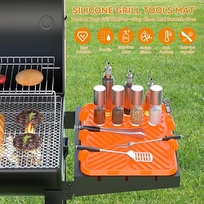 Silicone Griddle Tool Mat Blackstone Griddle Mat for Side Shelf Silicone Utensil Rest with Drip Pad, 5 Removable Grill Spatula Holders & Thermometer Slots, Flat Top Grill Accessories Orange 12x16 Inch