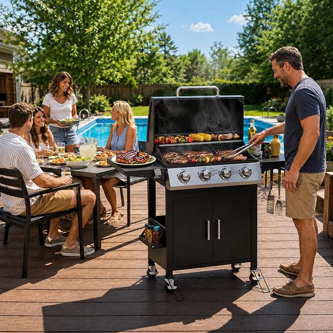 HUGROVE 4 Burner Propane Gas BBQ Grill with Wheels, 40,000 BTU Output Stainless Steel Barbecue Grill for Backyard & Outdoor Cooking Easy to Assemble, Foldable Side Tables & Spice Rack (Black)