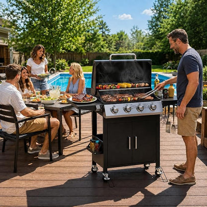 HUGROVE 4 Burner Propane Gas BBQ Grill with Wheels, 40,000 BTU Output Stainless Steel Barbecue Grill for Backyard & Outdoor Cooking Easy to Assemble, Foldable Side Tables & Spice Rack (Black)