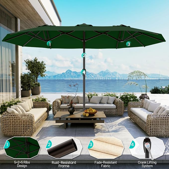 AreShark 15FT Outdoor Patio Umbrella with Crank, Large Rectangular Market Umbrella, Double-Sided Outdoor Umbrellas with Cross Base & Sandbag for Porch, Lawn, Pool, Backyard, Dark Green