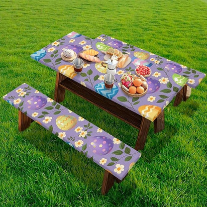 Easter Eggs Picnic Table Cover for Outdoor Camping Easter Eggs Elastic Fitted Table Cloth for Camping Party Supplies 3 PCS Set