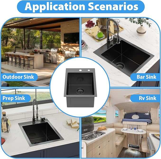 15 In Gunmetal Black Drop Bar Sink 15 x 20 Inch Kitchen Sink 18 Gauge Stainless Steel Single Bowl Topmount Handmade Sink for Outdoor, RV, 15x20x9