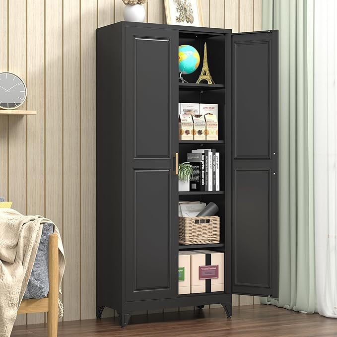 Polup Kitchen Pantry Cabinet, 75" H Metal Storage Cabinet with Doors and Shelves, 4 Standing Feet, Cupboard for Kitchen, Dining, Living Room, 16" D x 32" W x 75" H, Black, Assembly Required