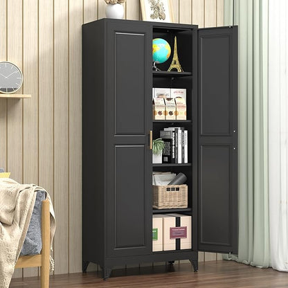 Polup Kitchen Pantry Cabinet, 75" H Metal Storage Cabinet with Doors and Shelves, 4 Standing Feet, Cupboard for Kitchen, Dining, Living Room, 16" D x 32" W x 75" H, Black, Assembly Required