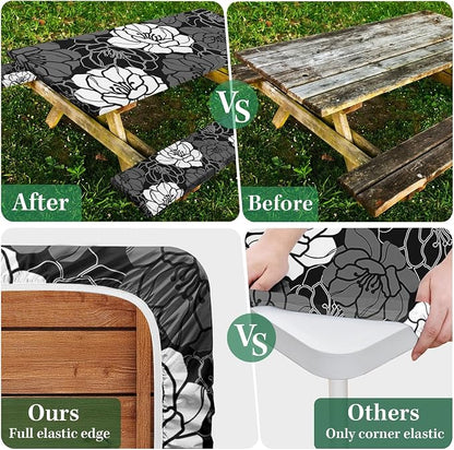 Picnic Table Cover with Bench Covers, Black Flowers, 3PCS, 72 Inch | Full Elastic Edge Waterproof Wipeable Camping Tablecloth RV Outdoor Patio Park Essentials With Drawstring Bag