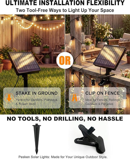 108FT (48+2) Outdoor String Lights Solar Powered, ST38 Dimmable Patio Lights with Remote & USB Charging, Dusk to Dawn, 2700K LED String Solar Light for Backyard, Garden, Porch, Wedding Decor