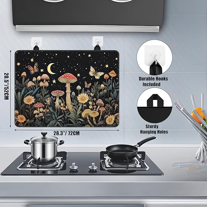 Mystery Mushroom Glass Top Stove Cover Protector,Starry Sky Night Heat Resistant Stove Top Cover, Large Size Range Covers for Electric Stove Countertop Mat, 28 x 20 Inch
