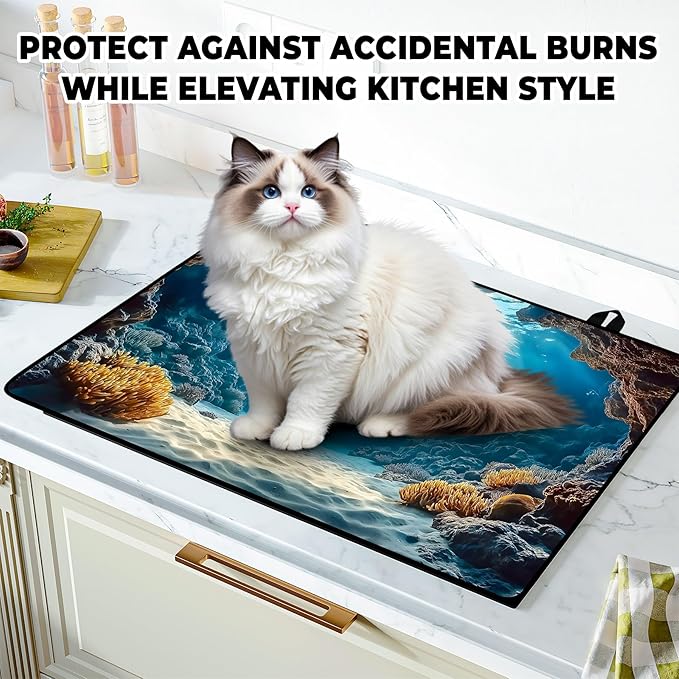 Underwater World Stove Top Cover Retro Flower Gas Stove Top Cover for Home Decoration Kitchen Pad Non-Stick Washable Cooktop Covers Countertop Protector Keep Stove Clean 28"x20"