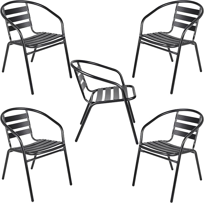 Indoor Outdoor Set of 5 Black Restaurant Metal Aluminum Slat Stack Chairs Lightweight