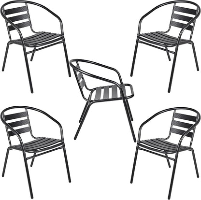 Indoor Outdoor Set of 5 Black Restaurant Metal Aluminum Slat Stack Chairs Lightweight