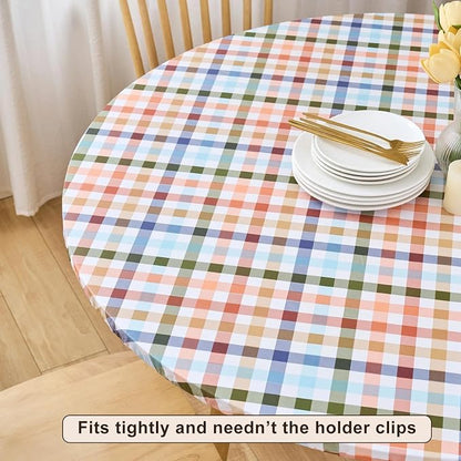 LIBERECOO Round Vinyl Fitted Tablecloth with Flannel Backing Elastic Edge Table Cover Waterproof Stain-Resistant Wipeable Tablecloths Fits 40-44 Inch Round Tables