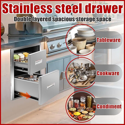 Outdoor Kitchen Double Layer Drawer 13'' W x 20.4'' H x 21'' D Flush Mount BBQ Access Drawers Stainless Steel BBQ Island Drawers with Handle Suitable for Outdoor Kitchen Island Grill Station