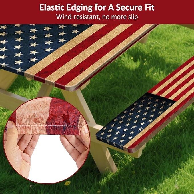 6ft 72 in Picnic Table and Bench Cover, 3 Pack, US Flag | Drawstring Bag, Waterproof Windproof, Elastic Fitted Edges Tablecloth, for Rectangle Table & Seat, Camping Essentials RV Gear